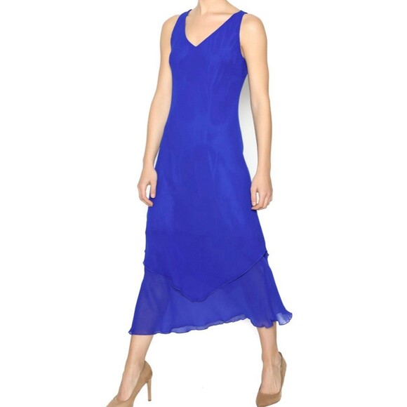 Simply Silk Vintage 100% Silk Cobalt Blue Midi Lagenlook Layered Dress S - Picture 1 of 7